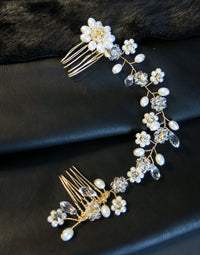 Pearl Floral Gold Wire Headband, Wedding Crystal Dual Hair Comb Vine, Bridal Flower Hair Wire Headpiece - KaleaBoutique.com