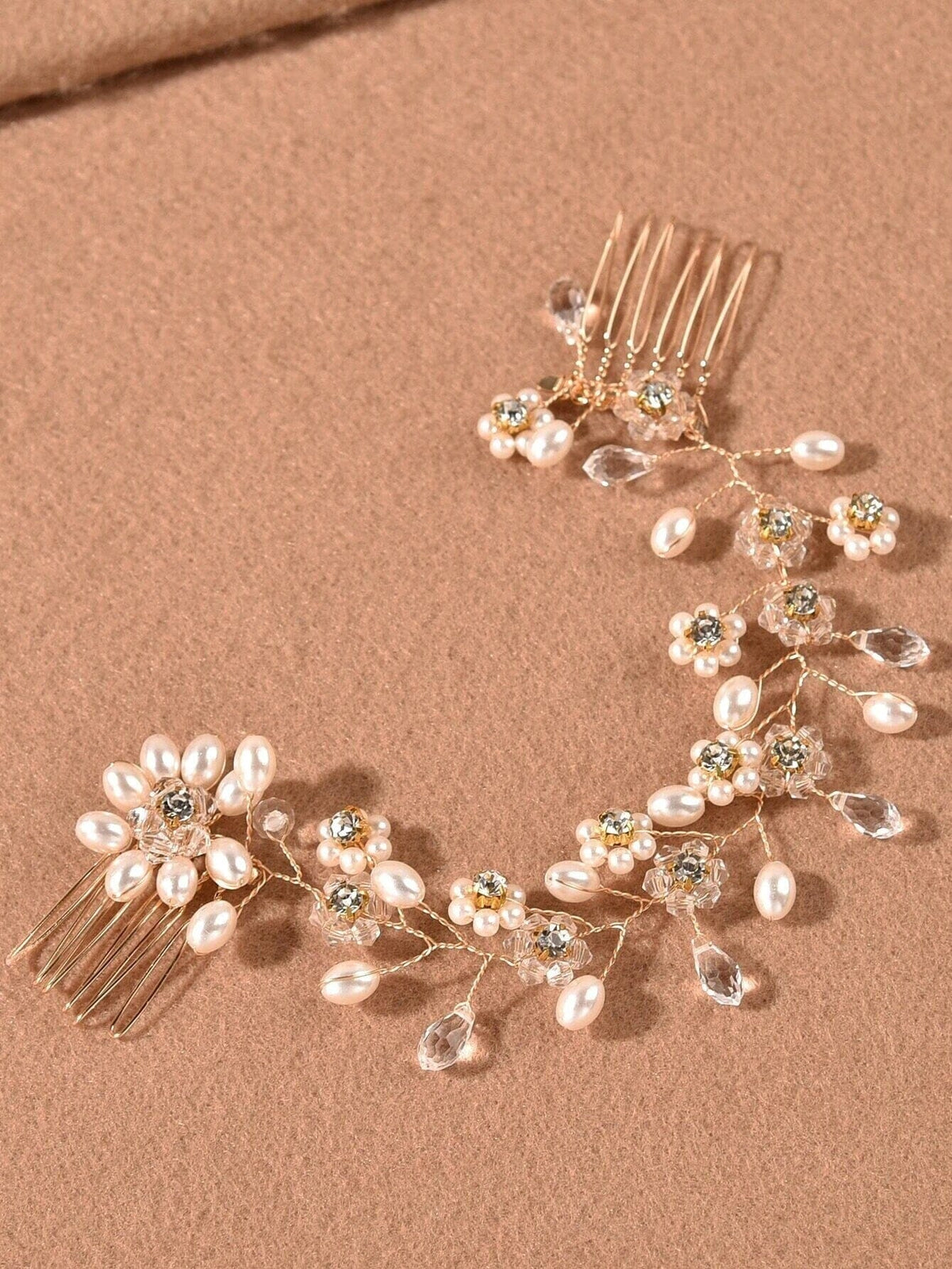 Pearl Floral Gold Wire Headband, Wedding Crystal Dual Hair Comb Vine, Bridal Flower Hair Wire Headpiece - KaleaBoutique.com