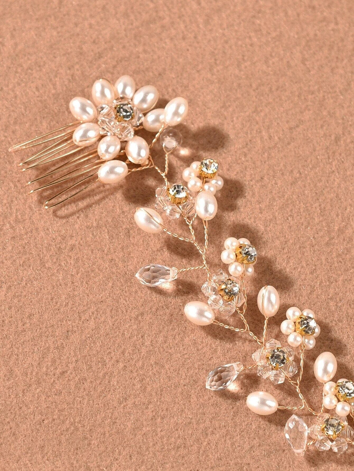 Pearl Floral Gold Wire Headband, Wedding Crystal Dual Hair Comb Vine, Bridal Flower Hair Wire Headpiece - KaleaBoutique.com
