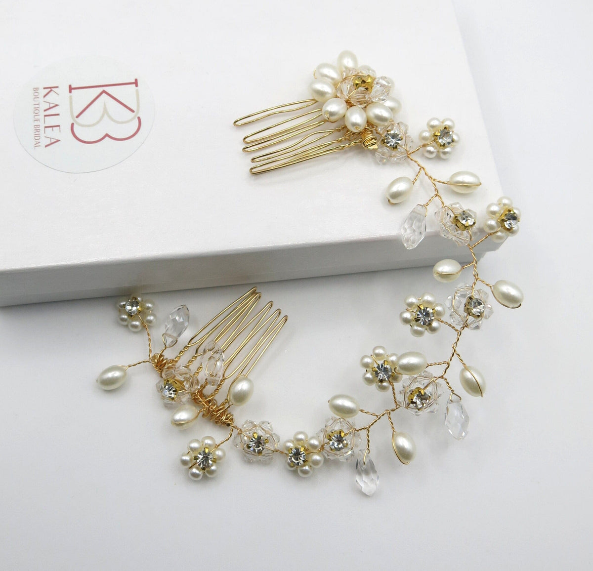 Pearl Floral Gold Wire Headband, Wedding Crystal Dual Hair Comb Vine, Bridal Flower Hair Wire Headpiece - KaleaBoutique.com