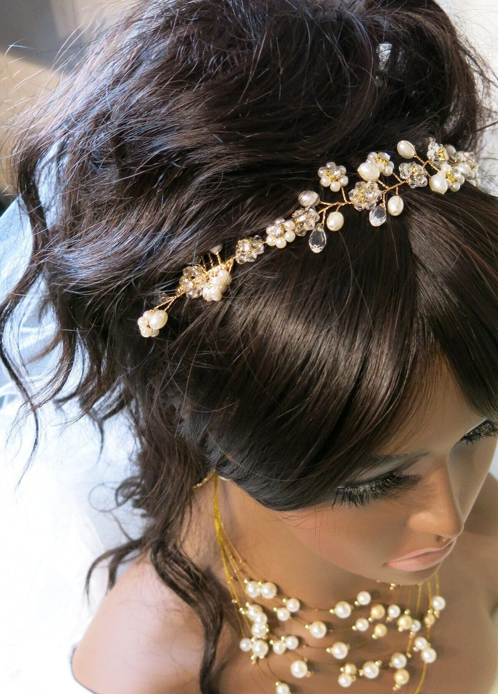 Pearl Floral Gold Wire Headband, Wedding Crystal Dual Hair Comb Vine, Bridal Flower Hair Wire Headpiece - KaleaBoutique.com