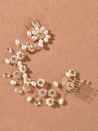 Pearl Floral Gold Wire Headband, Wedding Crystal Dual Hair Comb Vine, Bridal Flower Hair Wire Headpiece - KaleaBoutique.com