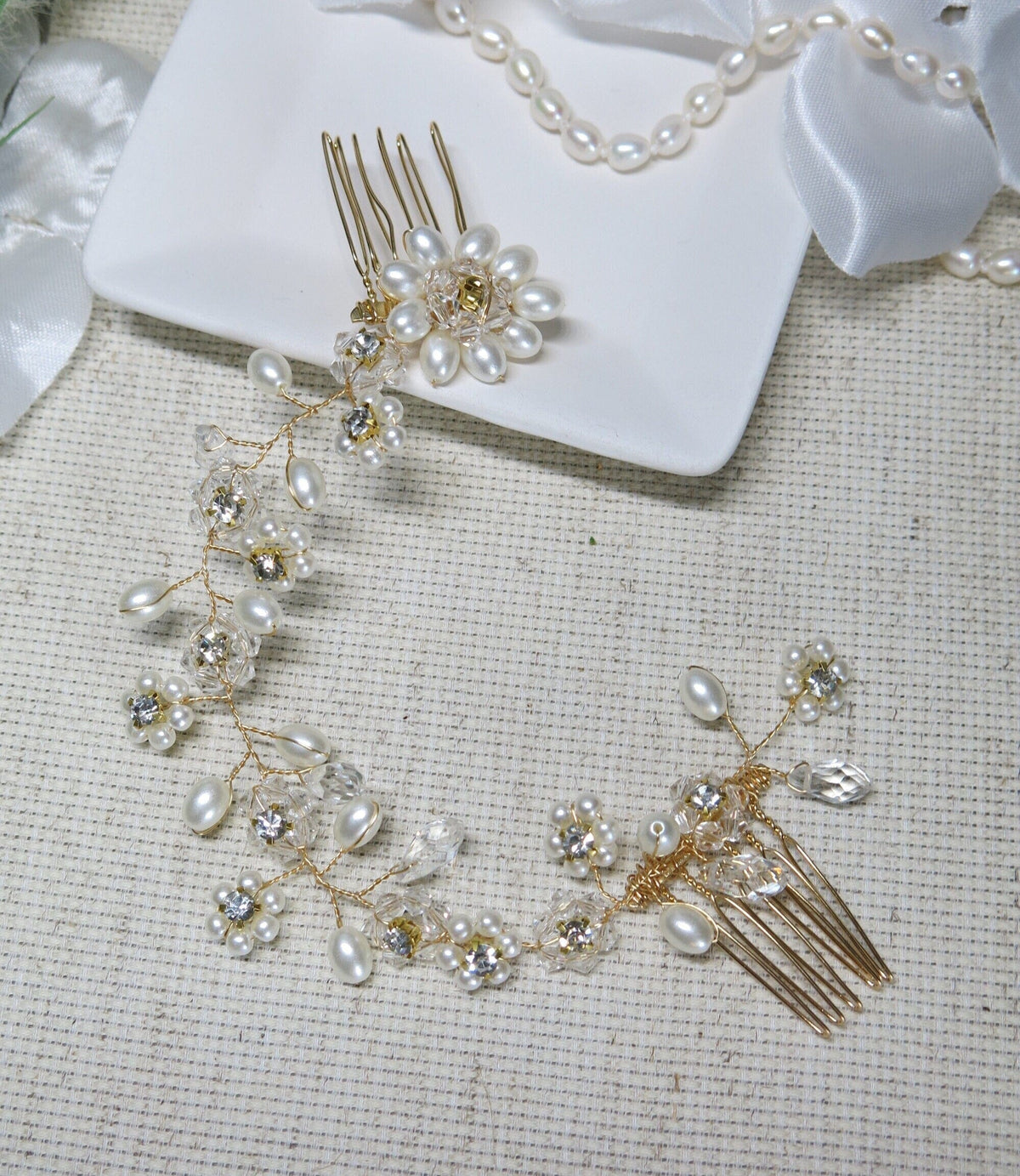 Pearl Floral Gold Wire Headband, Wedding Crystal Dual Hair Comb Vine, Bridal Flower Hair Wire Headpiece - KaleaBoutique.com