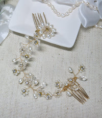 Pearl Floral Gold Wire Headband, Wedding Crystal Dual Hair Comb Vine, Bridal Flower Hair Wire Headpiece - KaleaBoutique.com