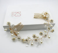 Pearl Floral Gold Wire Headband, Wedding Crystal Dual Hair Comb Vine, Bridal Flower Hair Wire Headpiece - KaleaBoutique.com
