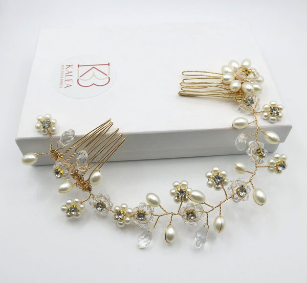 Pearl Floral Gold Wire Headband, Wedding Crystal Dual Hair Comb Vine, Bridal Flower Hair Wire Headpiece - KaleaBoutique.com