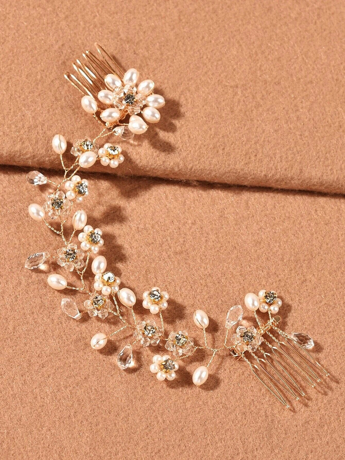 Pearl Floral Gold Wire Headband, Wedding Crystal Dual Hair Comb Vine, Bridal Flower Hair Wire Headpiece - KaleaBoutique.com