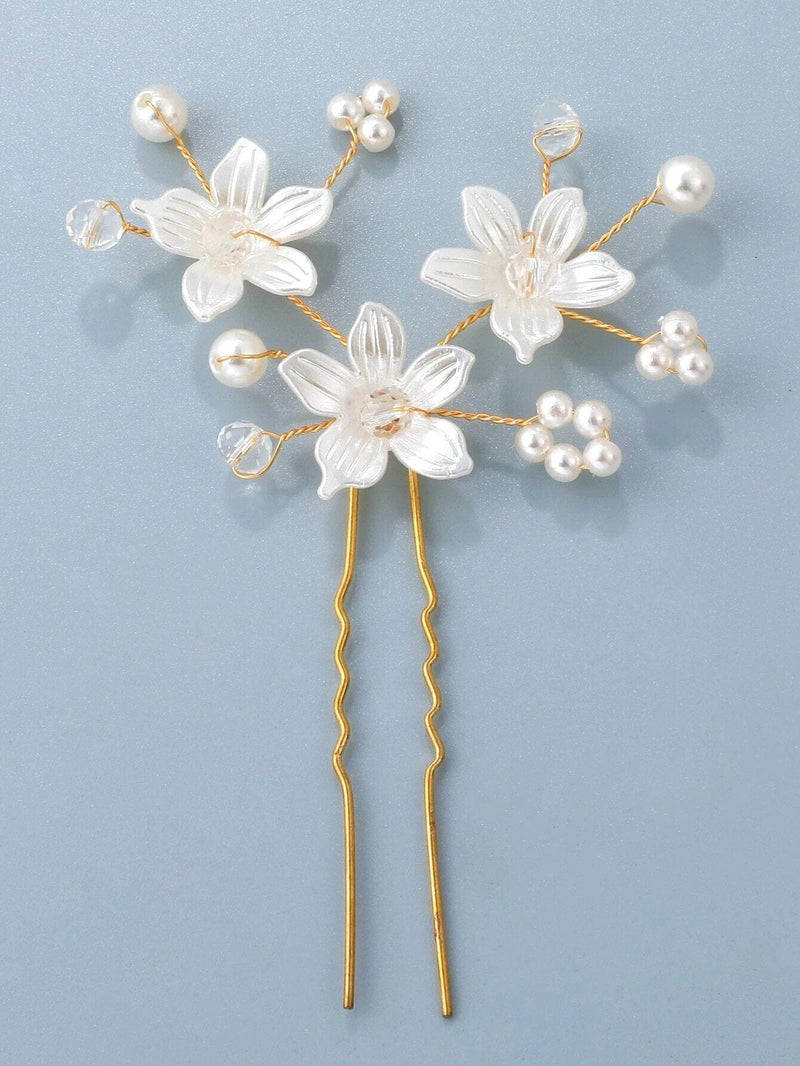 Pearl Flower Gold Wire Hairpin, Three Flowers Wedding Hair Pin Hairpiece, Bridal Pearl Floral Hairpin - KaleaBoutique.com