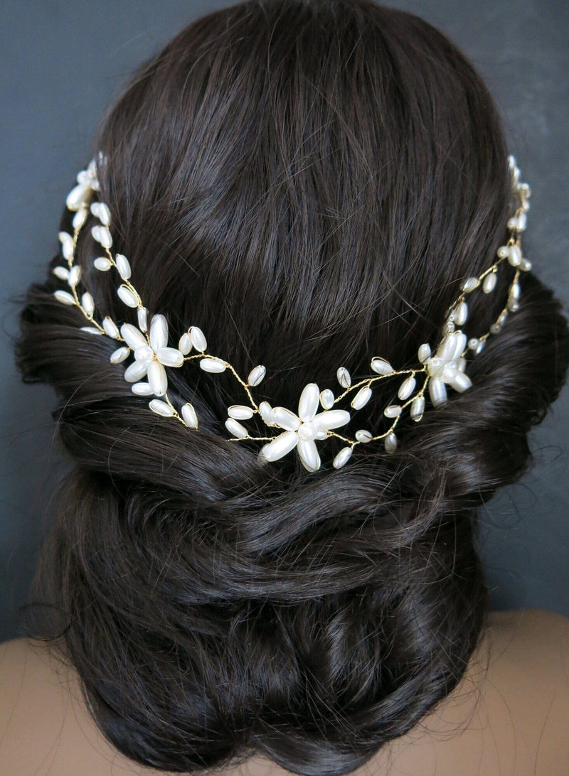Pearl Flower Gold Wire Head Wreath, Bridal Pearl Headband, Wedding Oval Pearl Cluster Hairpiece, Floral Hair Vine Tiara Wreath Headpiece - KaleaBoutique.com