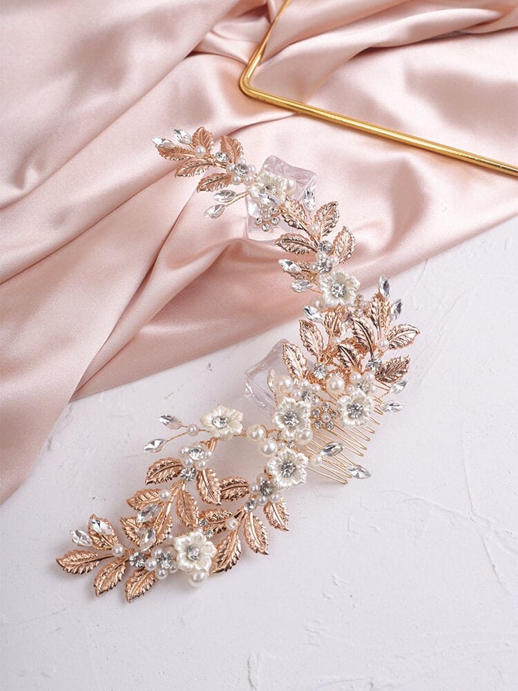 Pearl Flower Hair Vine Head Wreath, Gold Leaf Bridal Head Wreath, Wedding Crown Bride Hair Comb Tiara Headpiece - KaleaBoutique.com