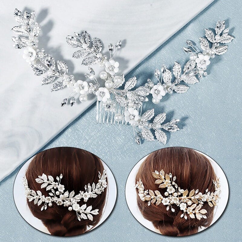 Pearl Flower Hair Vine Head Wreath, Gold Leaf Bridal Head Wreath, Wedding Crown Bride Hair Comb Tiara Headpiece - KaleaBoutique.com