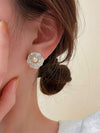 Pearl Rose Flower Studs, 10K Gold Plated Earrings, Crystal Studded Wedding Earrings for Bride - KaleaBoutique.com