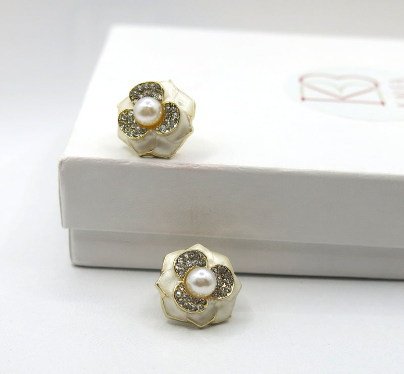 Pearl Rose Flower Studs, 10K Gold Plated Earrings, Crystal Studded Wedding Earrings for Bride - KaleaBoutique.com