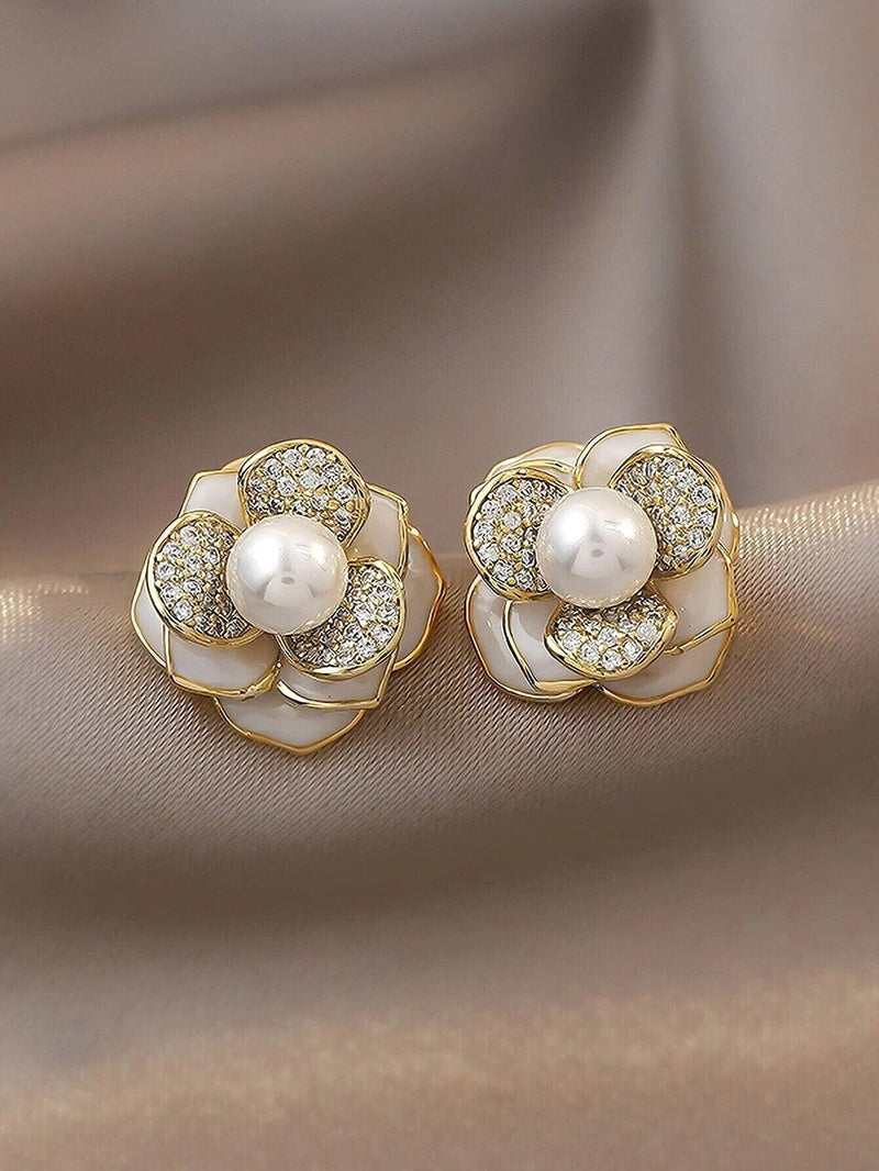 Pearl Rose Flower Studs, 10K Gold Plated Earrings, Crystal Studded Wedding Earrings, Bridal Bridesmaid Floral Stud White Pearl Earrings - KaleaBoutique.com