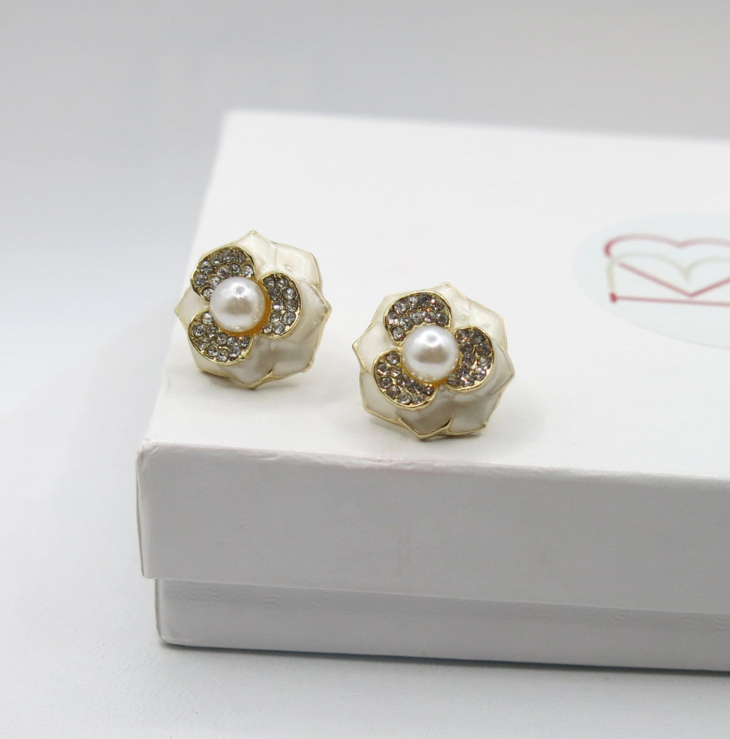 Pearl Rose Flower Studs, 10K Gold Plated Earrings, Crystal Studded Wedding Earrings for Bride - KaleaBoutique.com