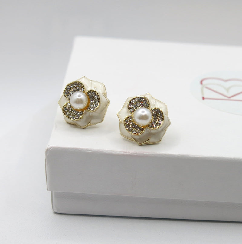 Pearl Rose Flower Studs, 10K Gold Plated Earrings, Crystal Studded Wedding Earrings, Bridal Bridesmaid Floral Stud White Pearl Earrings - KaleaBoutique.com