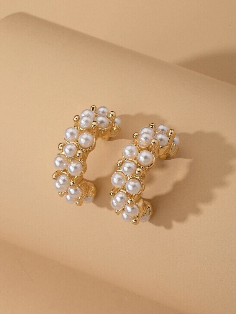 Pearl Studded Hooped Earrings, Wedding 14K Gold Plated Hoop Studs, Bridal Half Hoop Pearl Hoop Earrings - KaleaBoutique.com