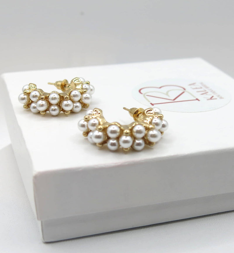 Pearl Studded Hooped Earrings, Wedding 14K Gold Plated Hoop Studs, Bridal Half Hoop Pearl Hoop Earrings - KaleaBoutique.com