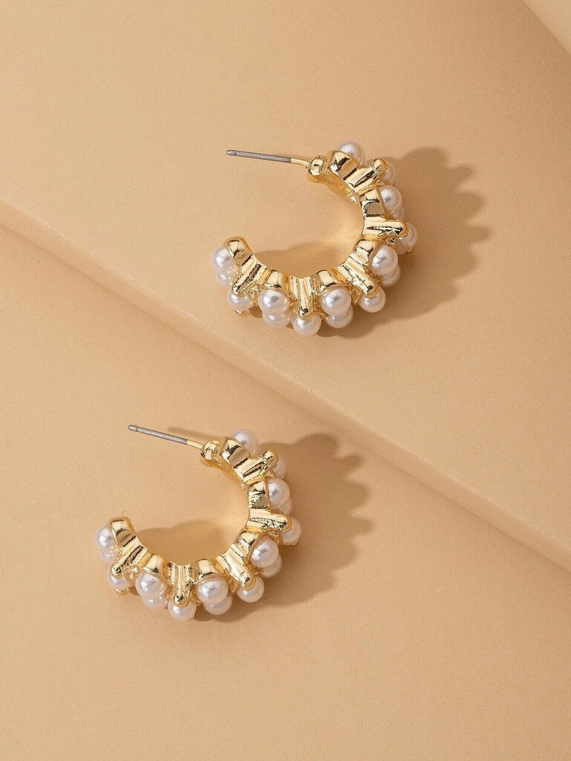 Pearl Studded Hooped Earrings, Wedding 14K Gold Plated Hoop Studs, Bridal Half Hoop Pearl Hoop Earrings - KaleaBoutique.com