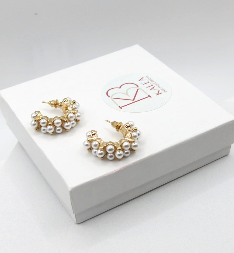 Pearl Studded Hooped Earrings, Wedding 14K Gold Plated Hoop Studs, Bridal Half Hoop Pearl Hoop Earrings - KaleaBoutique.com