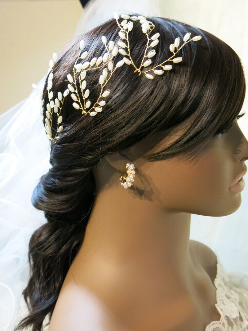 Pearl Studded Hooped Earrings, Wedding Glam 14K Gold Plated Hoop Studs, Bridal Fashion Half Hoop Pearl Stud Earrings, Bridesmaid Pearl Hoops - KaleaBoutique.com