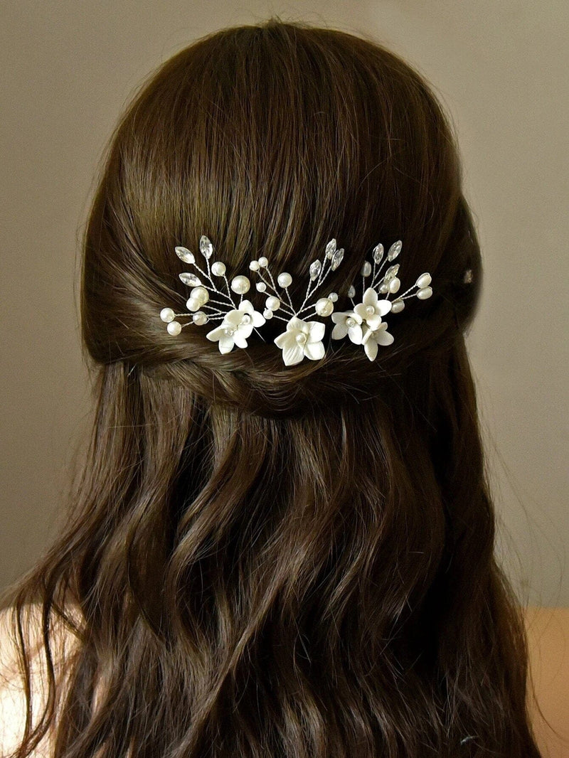 Porcelain White Flower 3 PC Hairpin Set, Wedding Clay Floral Headpiece, Crystal Leaf Bridal Pearl Hair Pin Set - KaleaBoutique.com