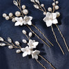 Porcelain White Flower 3 PC Hairpin Set, Wedding Clay Floral Headpiece, Crystal Leaf Bridal Pearl Hair Pin Set - KaleaBoutique.com