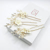 Porcelain White Flower 3 PC Hairpin Set, Wedding Clay Floral Headpiece, Crystal Leaf Bridal Pearl Hair Pin Set - KaleaBoutique.com