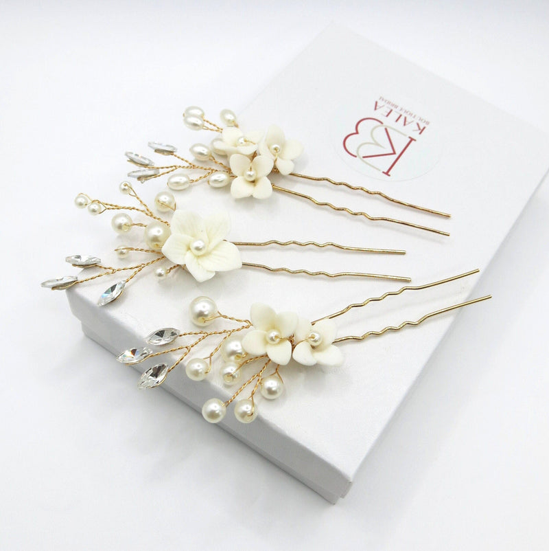 Porcelain White Flower 3 PC Hairpin Set, Wedding Clay Floral Headpiece, Crystal Leaf Pearl Hair Pins, Bridal Gem Leaf Wire Hairpins - KaleaBoutique.com