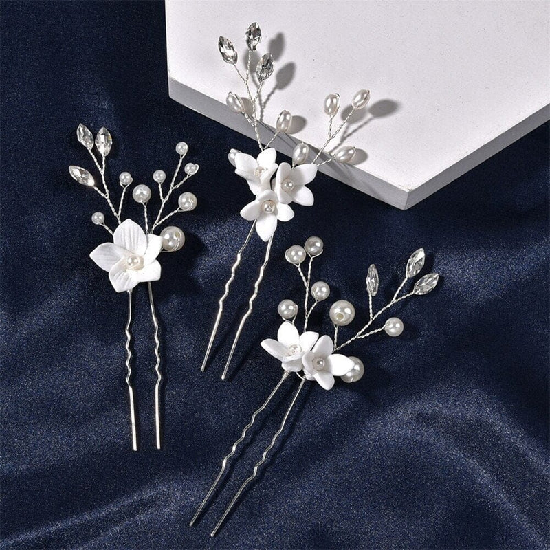 Porcelain White Flower 3 PC Hairpin Set, Wedding Clay Floral Headpiece, Crystal Leaf Bridal Pearl Hair Pin Set - KaleaBoutique.com