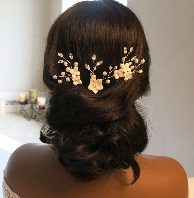 Porcelain White Flower 3 PC Hairpin Set, Wedding Clay Floral Headpiece, Crystal Leaf Bridal Pearl Hair Pin Set - KaleaBoutique.com