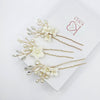 Porcelain White Flower 3 PC Hairpin Set, Wedding Clay Floral Headpiece, Crystal Leaf Pearl Hair Pins, Bridal Gem Leaf Wire Hairpins - KaleaBoutique.com