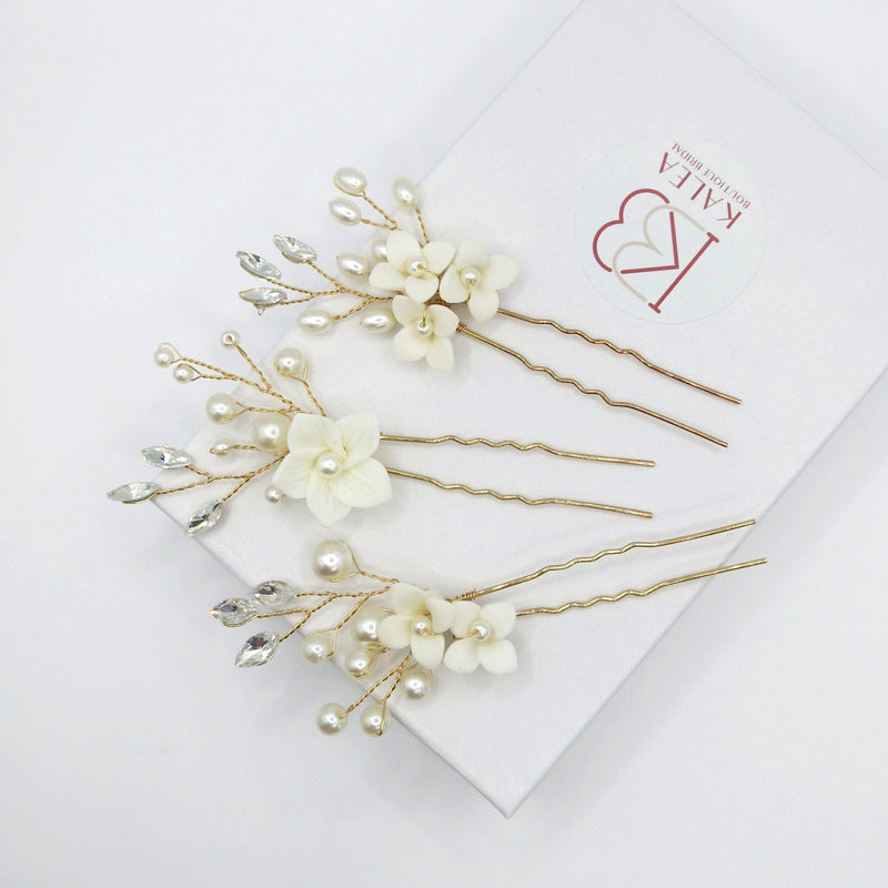 Porcelain White Flower 3 PC Hairpin Set, Wedding Clay Floral Headpiece, Crystal Leaf Bridal Pearl Hair Pin Set - KaleaBoutique.com