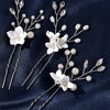 Porcelain White Flower 3 PC Hairpin Set, Wedding Clay Floral Headpiece, Crystal Leaf Bridal Pearl Hair Pin Set - KaleaBoutique.com