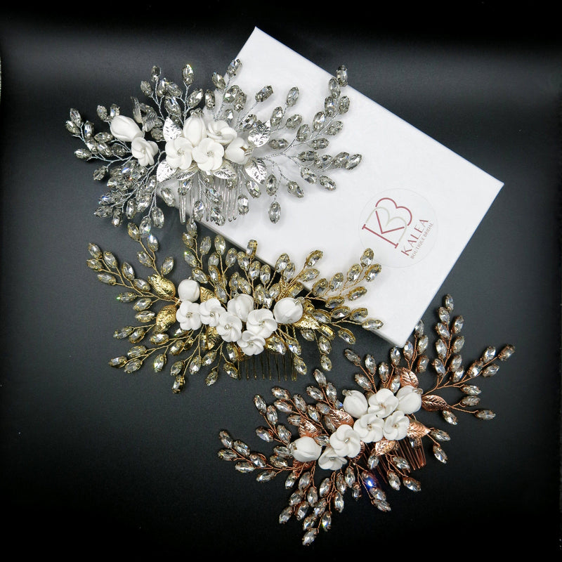 Clay Flower Bridal Hair Comb, Rhinestone Crystal Wedding Hairpiece, Large Gem Leaf Bridal Hair Comb - KaleaBoutique.com