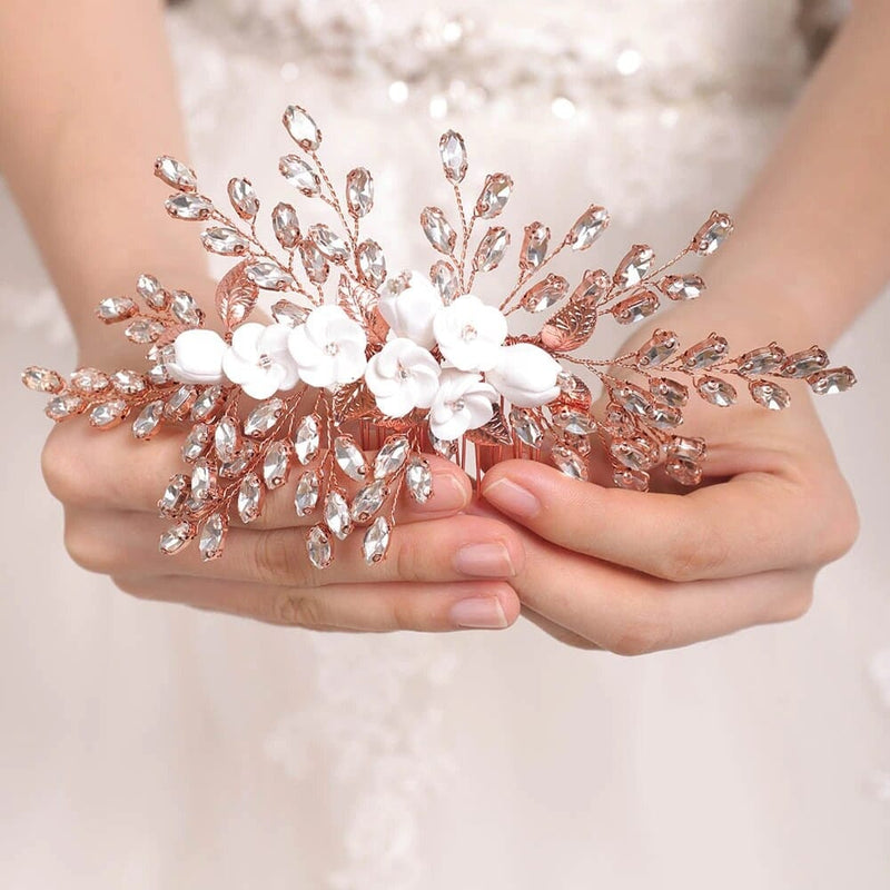 Clay Flower Bridal Hair Comb, Rhinestone Crystal Wedding Hairpiece, Large Gem Leaf Bridal Hair Comb - KaleaBoutique.com