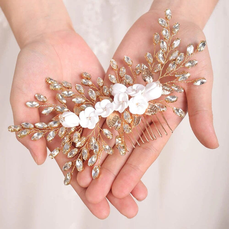 Porcelain White Flower Bridal Hair Comb Hairpiece, Rhinestone Crystal Leaves Wedding Hairpiece, Floral Gem Leaf Large Bridesmaid Hairpiece - KaleaBoutique.com