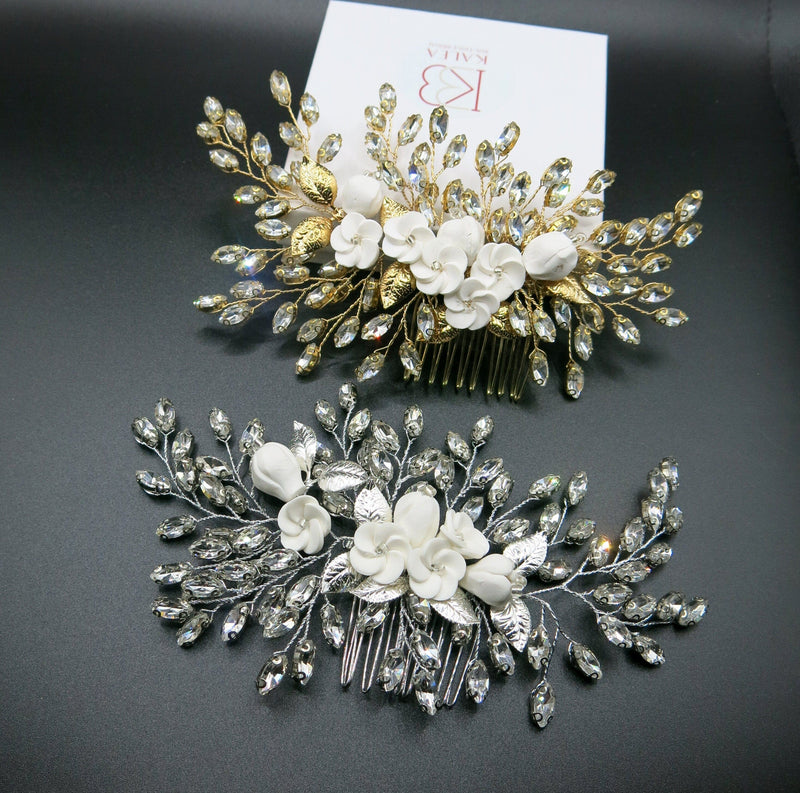 Clay Flower Bridal Hair Comb, Rhinestone Crystal Wedding Hairpiece, Large Gem Leaf Bridal Hair Comb - KaleaBoutique.com