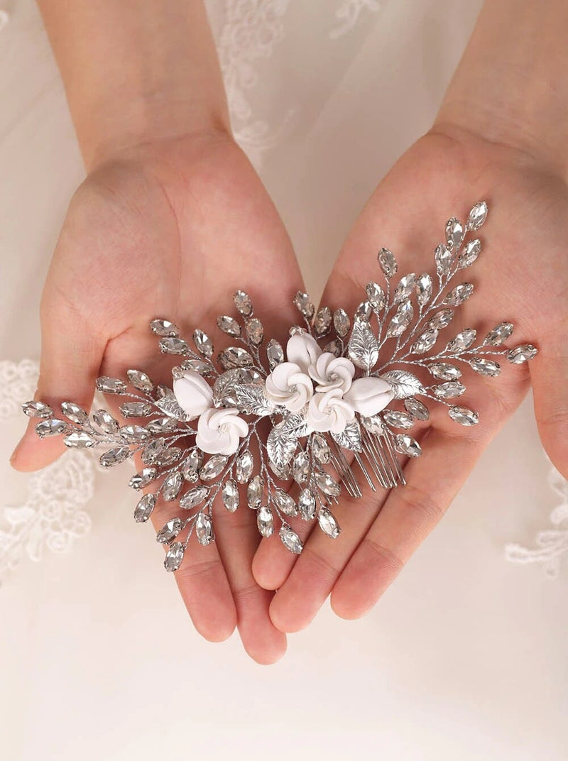 Clay Flower Bridal Hair Comb, Rhinestone Crystal Wedding Hairpiece, Large Gem Leaf Bridal Hair Comb - KaleaBoutique.com