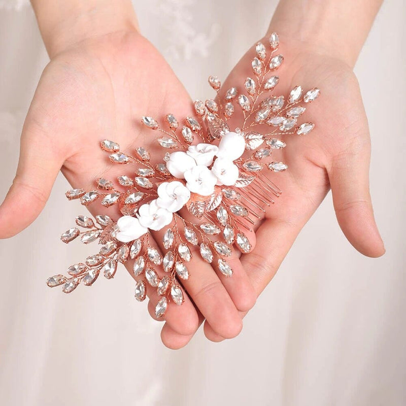 Clay Flower Bridal Hair Comb, Rhinestone Crystal Wedding Hairpiece, Large Gem Leaf Bridal Hair Comb - KaleaBoutique.com