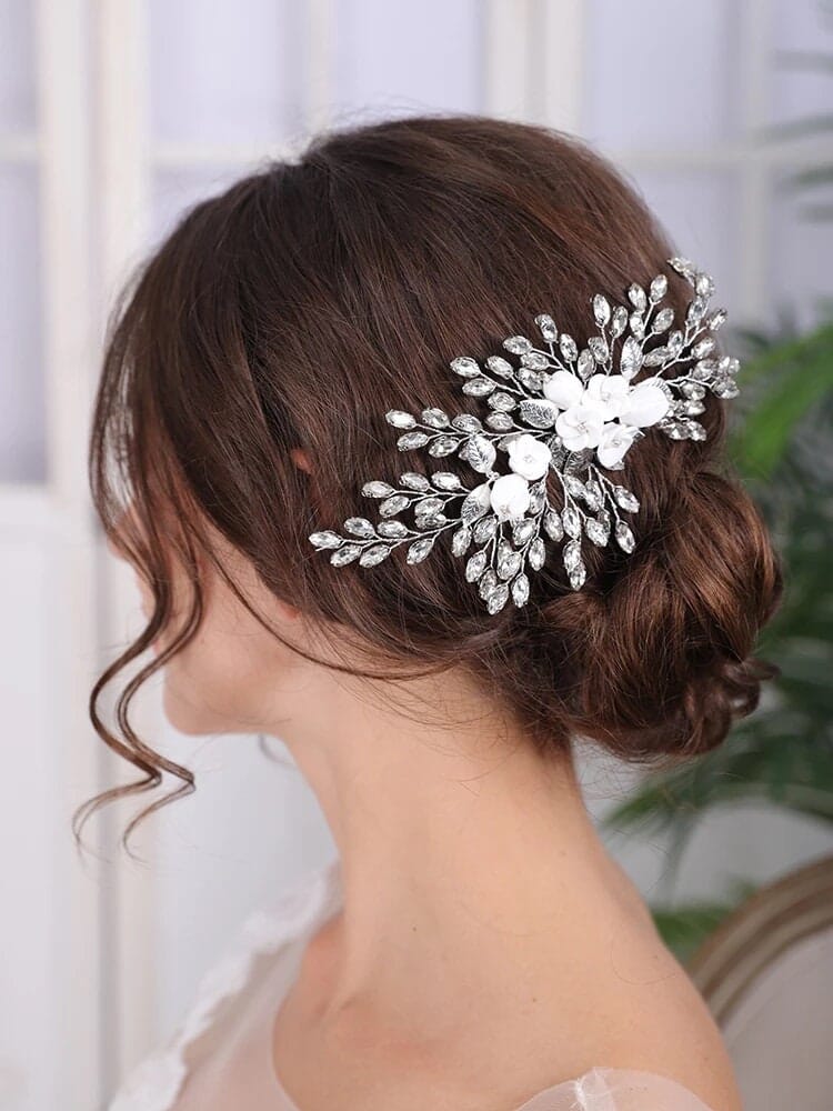 Clay Flower Bridal Hair Comb, Rhinestone Crystal Wedding Hairpiece, Large Gem Leaf Bridal Hair Comb - KaleaBoutique.com