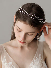 Princess Bride Pearl Tiara, Wedding Pearl Wire Crystal Head Wreath, Silver Double Strand Headband Hair Vine - KaleaBoutique.com