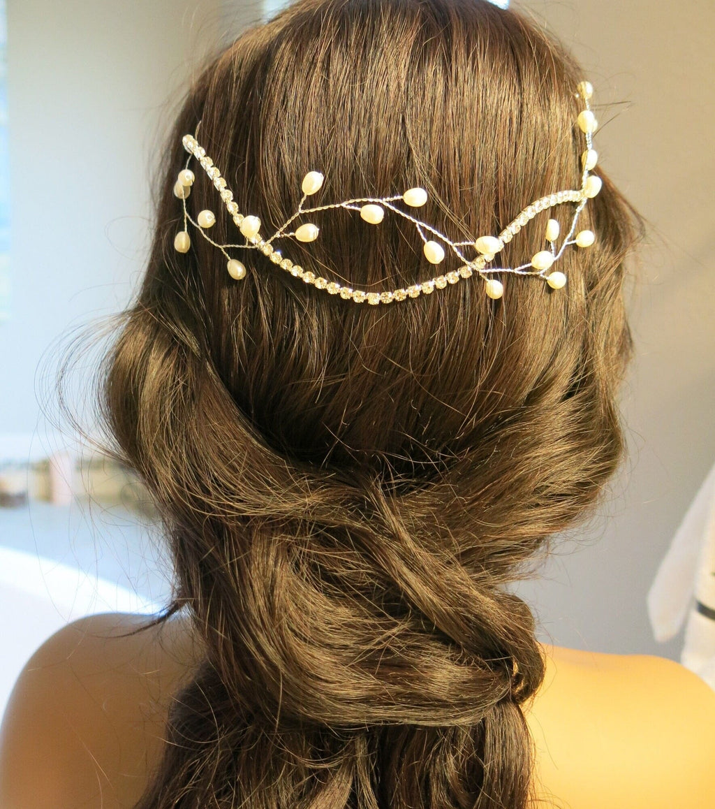 Princess Bride Pearl Tiara, Wedding Pearl Wire Crystal Head Wreath, Silver Double Strand Headband Hair Vine - KaleaBoutique.com