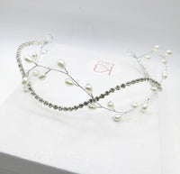 Princess Bride Pearl Tiara, Wedding Pearl Wire Crystal Head Wreath, Silver Double Strand Headband Hair Vine - KaleaBoutique.com