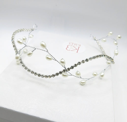 Princess Bride Pearl Tiara, Wedding Pearl Wire Crystal Head Wreath, Silver Double Strand Headband Hair Vine - KaleaBoutique.com
