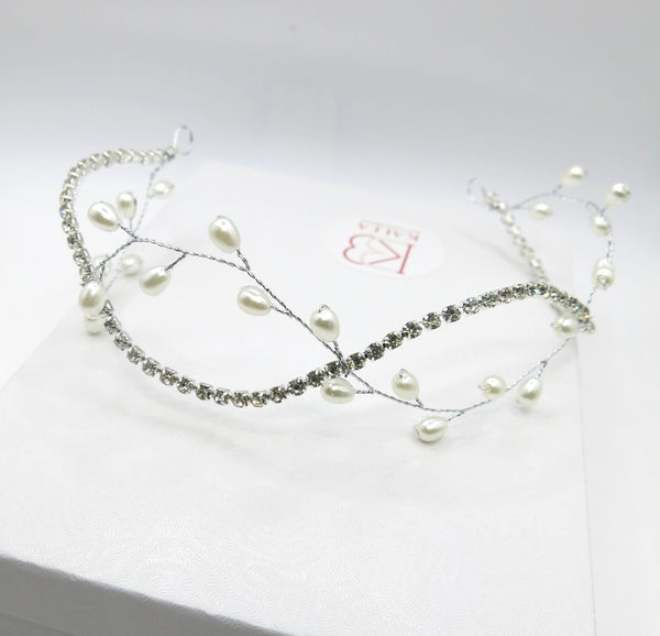 Princess Bride Pearl Tiara, Wedding Pearl Wire Crystal Head Wreath, Silver Double Strand Headband Hair Vine - KaleaBoutique.com