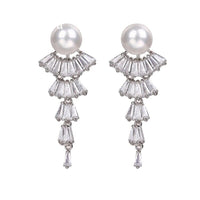 Princess Cut CZ Crystal Pearl Earrings, Wedding Dangle Pearl Ear Studs, Pearl Stud CZ Diamond Bridal Earrings - KaleaBoutique.com