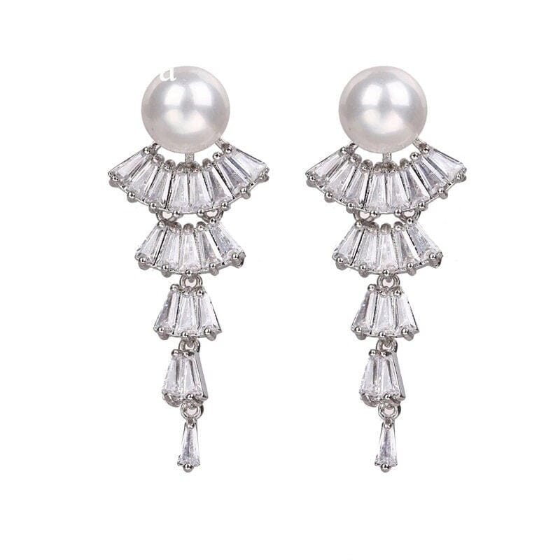 Princess Cut CZ Crystal Pearl Earrings, Wedding Dangle Pearl Ear Studs, Pearl Stud CZ Diamond Bridal Earrings - KaleaBoutique.com