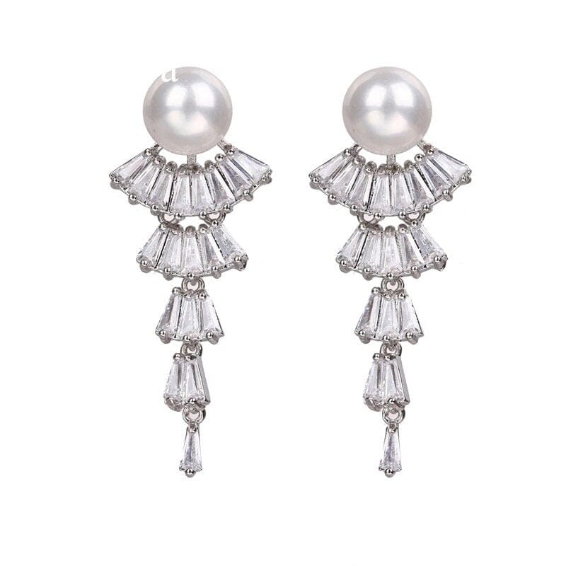 Princess Cut Crystal Pearl Earrings, Wedding Dangle Pearl Ear Studs, Pearl Stud CZ Diamond Bridal Earrings, Bridesmaid 14K Gold Plated Studs - KaleaBoutique.com