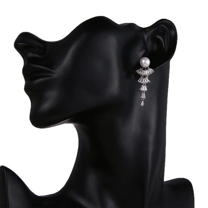 Princess Cut CZ Crystal Pearl Earrings, Wedding Dangle Pearl Ear Studs, Pearl Stud CZ Diamond Bridal Earrings - KaleaBoutique.com